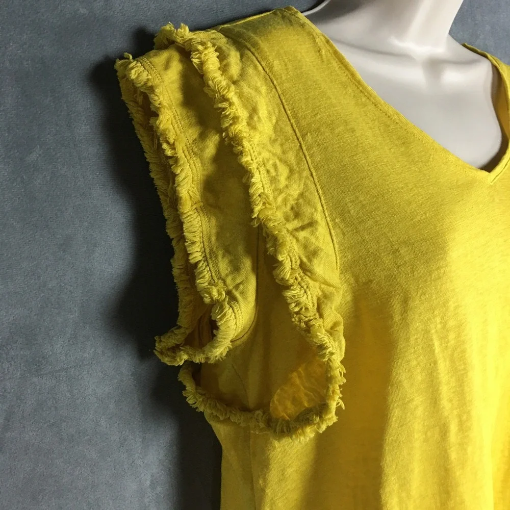 Chicos 100% Linen Yellow Top‎ XL Size 3 Fringe Trim  Boho Bright Summer Vacation